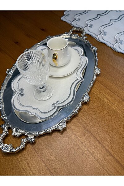 Smiling Home 6 Pieces Linen Silver Color Ivy Patterned Tray Cover