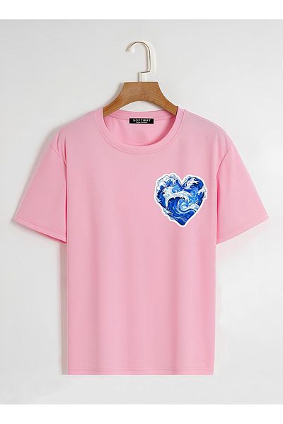 SOFTWAY Unisex Oversize Crew Neck Ocean Heart Printed Basic T-Shirt - ΡΟΖ