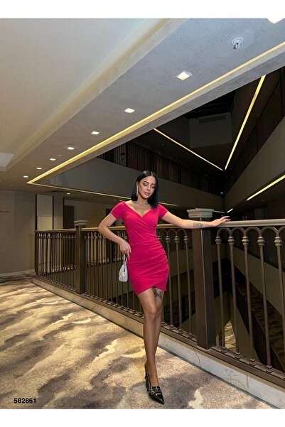Modafeminen Kruvaze Yaka Büzgülü Mini Krep Elbise 582861 Fuşya