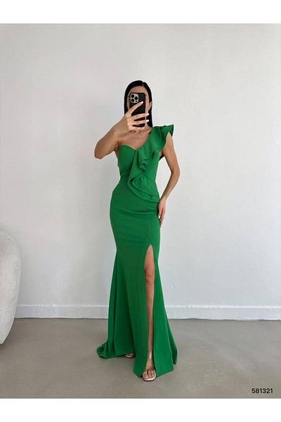 Modafeminen One Shoulder Scuba Crepe Evening Dress 581321 Green