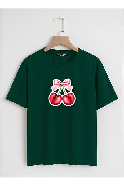 SOFTWAY Unisex Organik Oversize Ribbon Cherry Baskılı Basic T-shirt - Koyu Yeşil