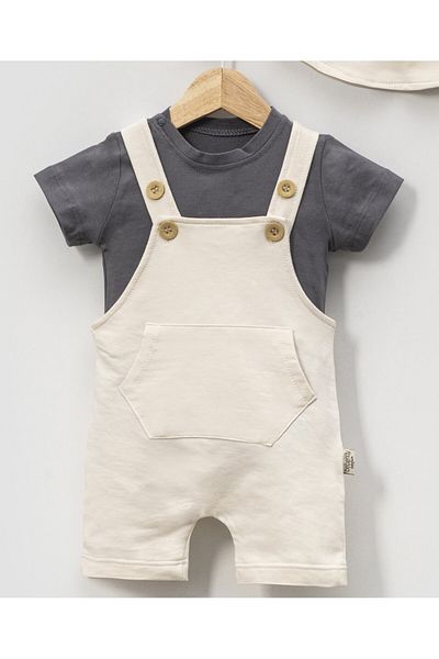 Bolly Baby 100% Cotton Salopet with Bucket Hat, Short Sleeve T-Shirt with Snap Fastener on the Shoulder, Summer Baby Boy Suit