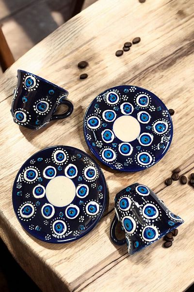 Salizera Hand Embroidered Embossed Evil Eye Beaded Hand Made Coffee Cup Set for 2 People