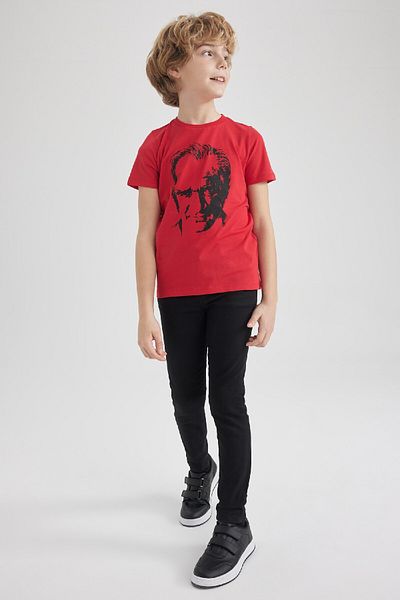 DeFacto Boy's Crew Neck Ataturk Printed Cotton Combed Short Sleeve Red T-Shirt W9131A623Sm