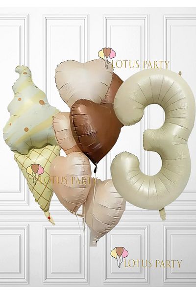 LOTUS PARTY Σετ μπαλόνι με θέμα ρετρό παγωτό - Ρετρό παγωτό - Μπαλόνι με φύλλο καφέ καρδιάς - Κρέμα Αριθμός Ηλικίας