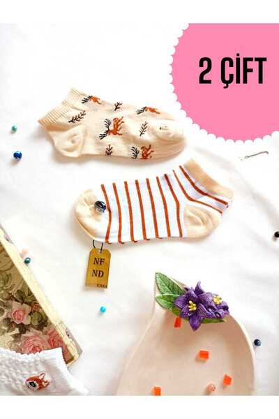 ENEFENDİ 2 Pairs Seamless Booties Socks Cotton Short Booties Patterned Women's Socks 36-40 Brown Striped