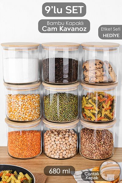 Meleni Home 9-Piece Bamboo Lid Glass - Set of Stuffed Food Jar Vacuum Lids 680 ml