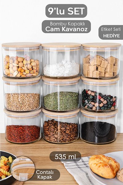 Meleni Home Bamboo Lid Glass - Storage Container, Vacuum Lid with Label for Food and Spices 535 ml