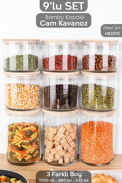 Meleni Home Set of 9 Bamboo Lid Glass Storage Containers - Vacuum Lid Pudding Jar with Labels 3X(535-680-1050)Ml