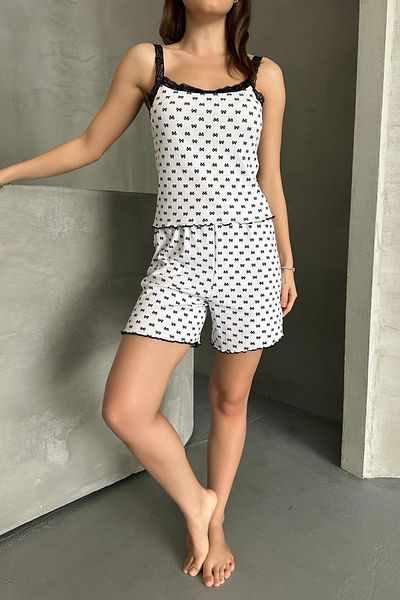 Edit by Trendyol Black-White Ribbon/Bow Lace Detailed Ribbed Knitted Pajamas Set Tedss25Pt00013