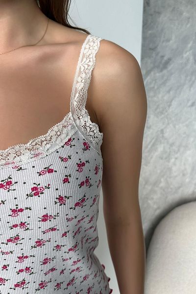 Edit by Trendyol White-Pink Floral Lace Detailed Ribbed Knitted Pajama Set Tedss25Pt00013