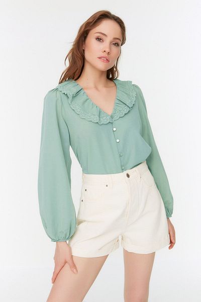 Trendyol Collection Menta gallérú csipke részletes szőtt ing TWOSS22GO0235