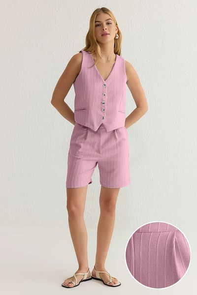 Trendyol Collection Pink V-Neck Vest and Pocket Shorts Woven Bottom-Top Suit Twoss25Au00031