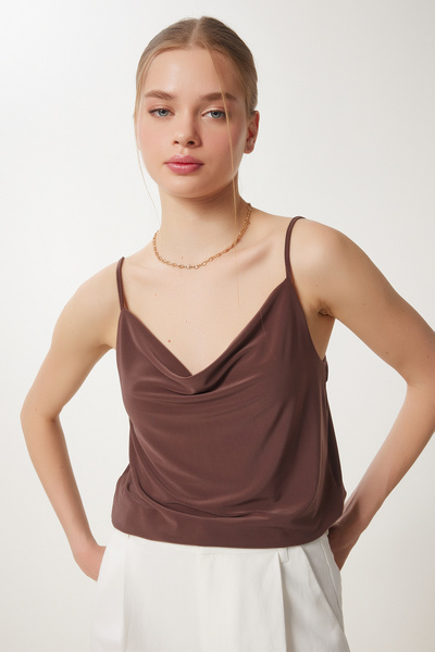 Happiness İstanbul Дамска кафява плетена блуза без презрамки Sandy RX00036