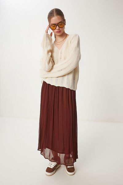 Happiness İstanbul Pulover oversize tricotat cu detalii crem rupte pentru femei Kİ00105