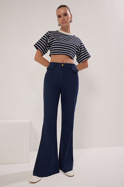 Trendyol Collection Navy Blue Faux Pocket Clamshell Cotton Bootcut Trousers Twoss25Pl00077