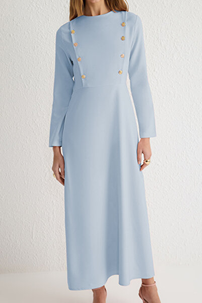 Trendyol Modest Ανοιχτό μπλε φλοράλ υφαντό φόρεμα με κουμπιά TCTSS25EB00032