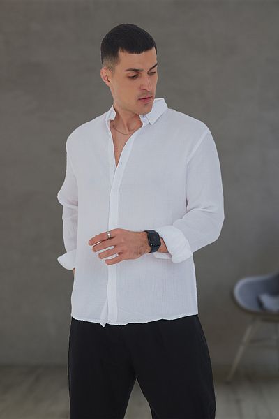 JR Boutique Ανδρικό υφασμάτινο καλοκαιρινό πουκάμισο μουσελίνα βαμβακερό - λευκό