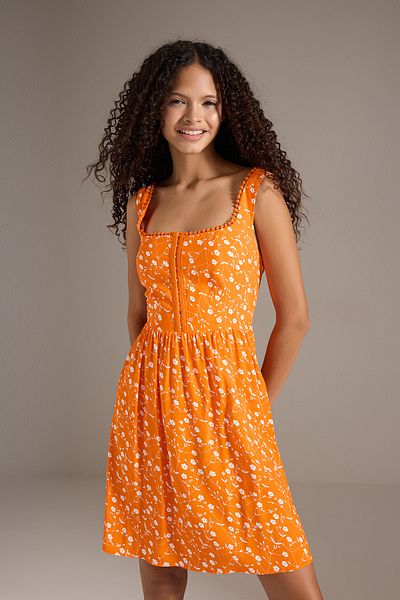 Trendyol Collection Orange Floral Skirt Mini Woven Dress with Agrafla Opening at Waist Twoss25El00419