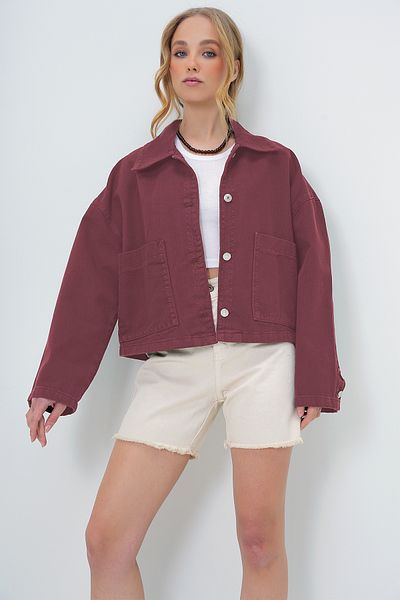 Trend Alaçatı Stili Burgunderrote Damen-Jeansjacke mit Taschen und Shepherd-Nähten ALC-X13562