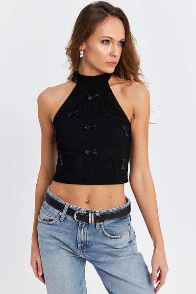 Cool & Sexy Women's Black Ribbon Detail Halter Neck Blouse Mtk13231