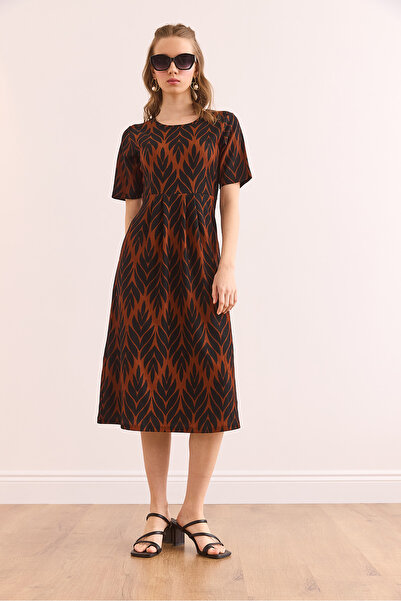 Olalook Women's Brown Pleated Detailed Crew Neck Dress Elb- 19002362