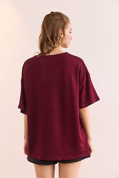 Olalook Tricou de damă bordeaux cu decolteu oversize cu textura moale TSH- 19000865