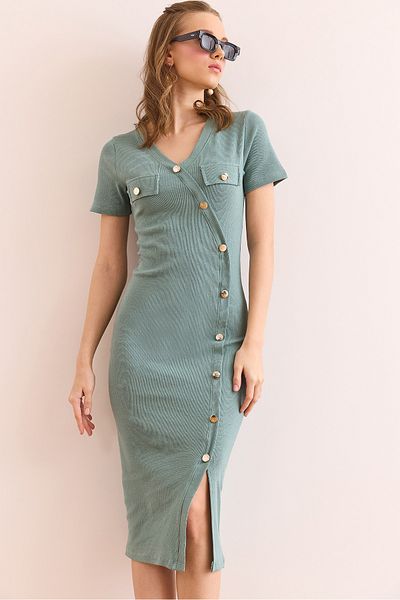 Olalook Grünes Damenkleid aus dehnbarer Baumwolle mit Taschen und Knopfdetails ELB- 19002363
