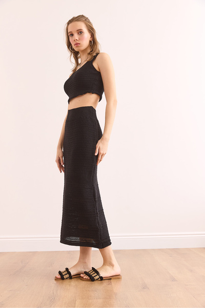 Olalook Women's Black Top Blouse - Bottom Skirt, Cotton Set Tkm- 19000369