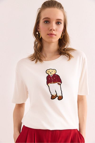 Olalook Women's Ecru Crew Neck Teddy Bear Appliqued Flowy T-Shirt Tsh- 19000867