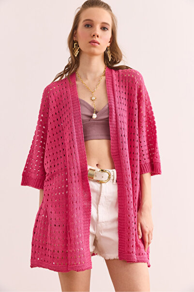 Olalook Cardigan de tricotaj de vară ajurat fucsia pentru femei HRK- 19000348