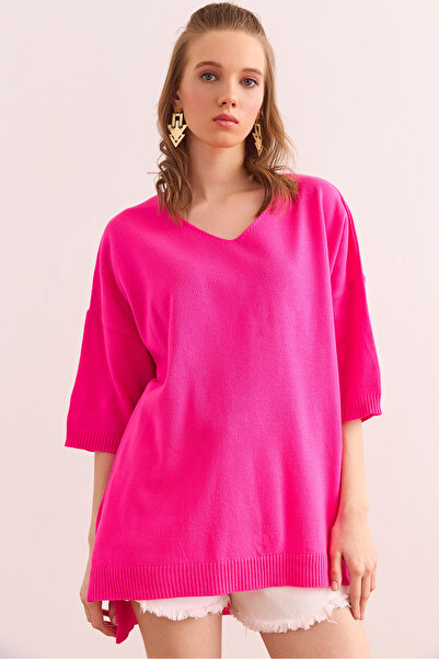 Olalook Bluză fluidă cu mânecă scurtă, fucsia, cu decolteu în V, BLZ- 19002899