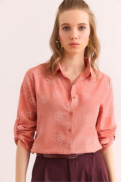 Olalook Women's Ivy Rose Dried Sleeve Folded Linen Shirt Gml- 19000825