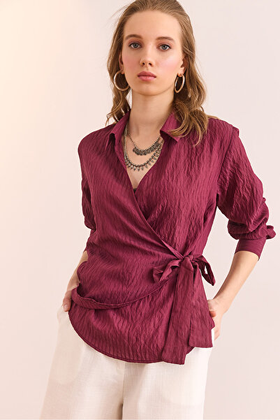 Olalook Kadın Bordo Gömlek Yaka Yandan Bağlama Detaylı Modal Bluz BLZ-19002907