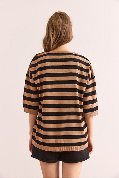 Olalook Γυναικεία πλεκτή μπλούζα με κοντό μανίκι Camel V λαιμόκοψη BLZ- 19002837