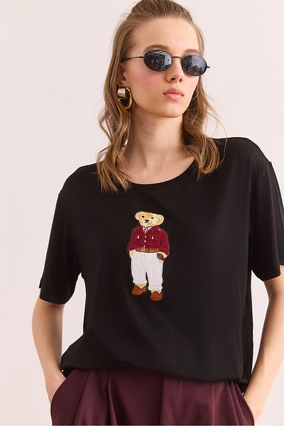 Olalook Women's Black Crew Neck Teddy Bear Appliqued Flowy T-Shirt Tsh- 19000867