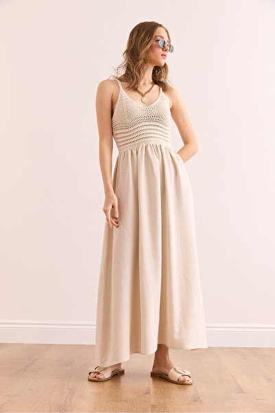 Olalook Women's Ecru Top Openwork Strap Midi Dress Elb- 19002360