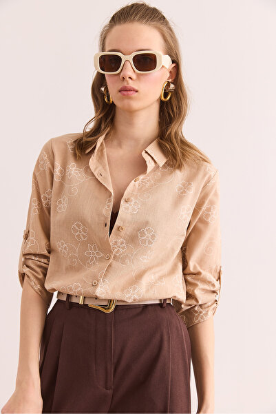 Olalook Női Ivy bézs ujjú hajtogatott vászon ing GML- 19000825