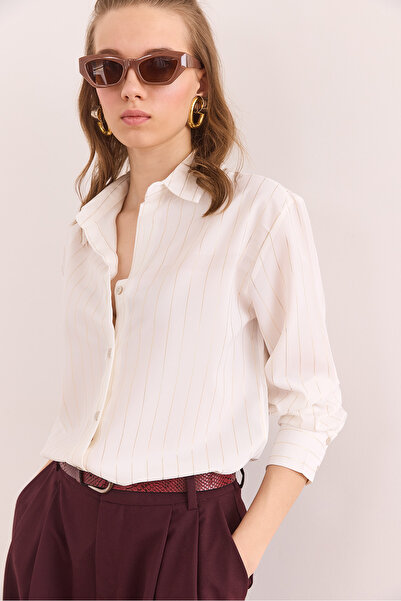 Olalook Cămașă drapată cu dungi lucioase, auriu, ecru, pentru femei GML- 19001308