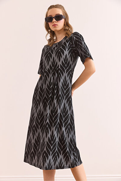 Olalook Women's Anthracite Pleated Detailed Crew Neck Dress Elb- 19002362