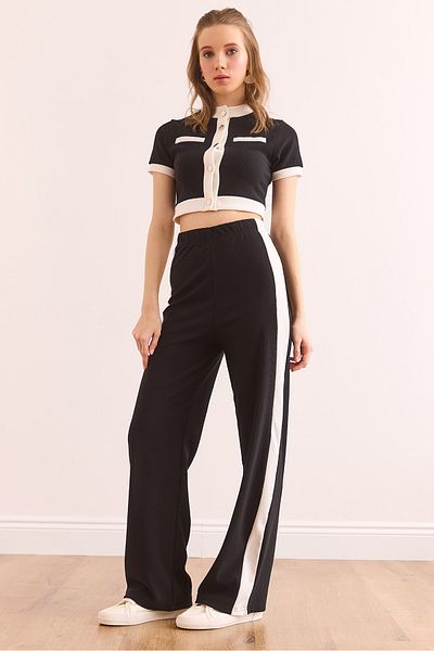 Olalook Women's Black Striped Bottom Top Ribbed Suit Tkm- 19000371