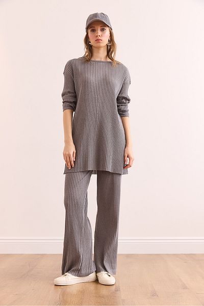 Olalook Damen Anthrazit Oberteil Schlitz Bluse Unterteil Palazzo Kordel Anzug TKM-19000180