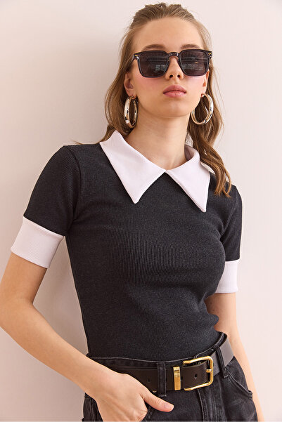 Olalook Bluză din bumbac elastic cu guler antracit pentru femei BLZ- 19002869