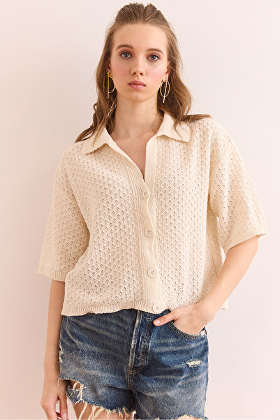 Olalook Γυναικεία βαμβακερή μπλούζα με κουμπιά εκρού BLZ- 19002900