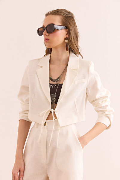 Olalook Γυναικείο λευκό δαντέλα με λεπτομέρεια με επένδυση, πλυμένο λινό μπουφάν CKT- 19000437