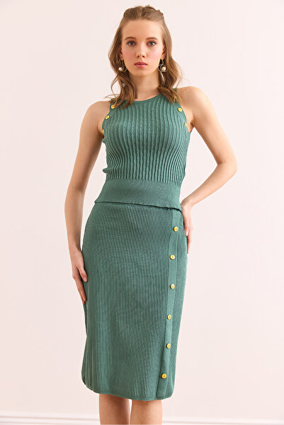 Olalook Women's Mint Green Button Detailed Bottom Top Knitwear Set Tkm- 19000367