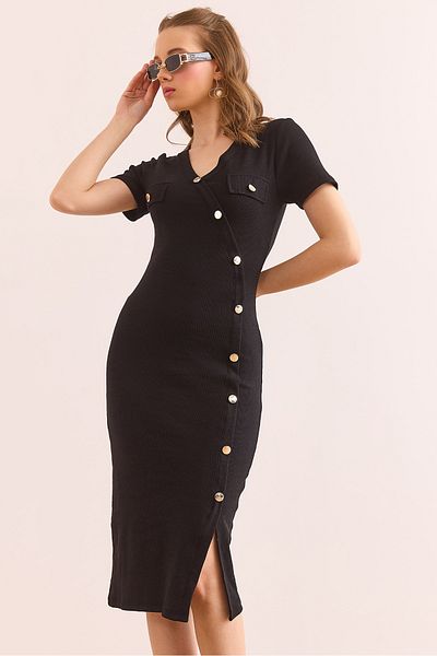 Olalook Schwarzes Damenkleid aus dehnbarer Baumwolle mit Taschen und Knopfdetails ELB- 19002363