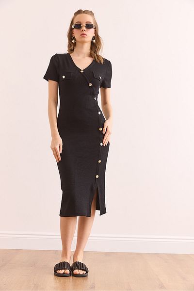 Olalook Schwarzes Damenkleid aus dehnbarer Baumwolle mit Taschen und Knopfdetails ELB- 19002363