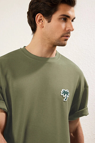 Trendyol Collection Khaki Palm Patch Oversize Interlock T-Shirt - Tmnss25Ts00024