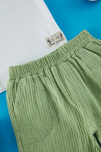 TRENDYOLKIDS Boy Ecru Cotton & Muslim Printed T-Shirt-Shorts Tkdss25Au00088